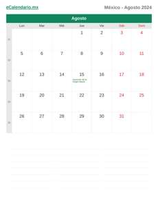 Calendario 2024 Agosto