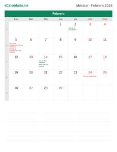 Calendario 2024 Febrero