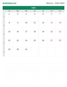 Calendario 2024 Julio