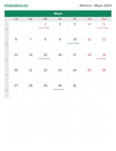 Calendario 2024 Mayo