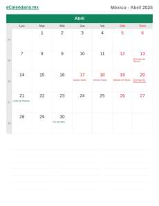 Calendario 2025 Abril