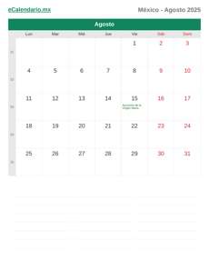 Calendario 2025 Agosto