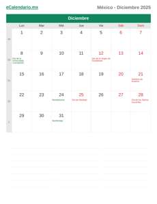 Calendario 2025 Diciembre