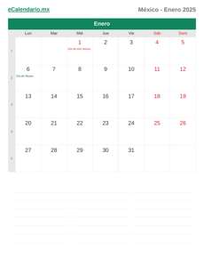 Calendario 2025 Enero