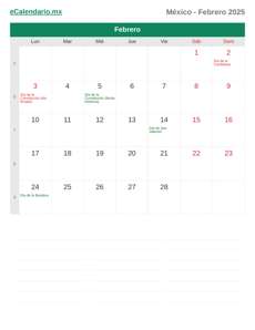 Calendario 2025 Febrero