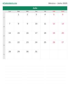 Calendario 2025 Julio