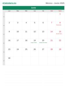 Calendario 2025 Junio