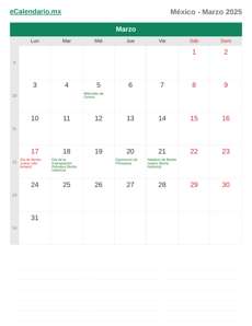 Calendario 2025 Marzo