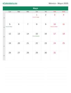 Calendario 2025 Mayo