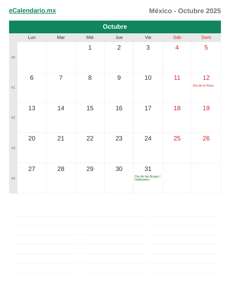 Calendario 2025 Octubre