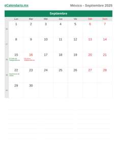 Calendario 2025 Septiembre