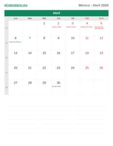 Calendario 2026 Abril