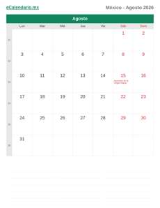 Calendario 2026 Agosto