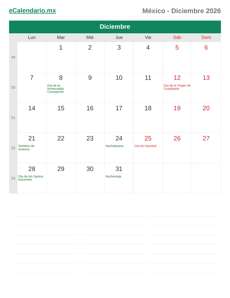 Calendario 2026 Diciembre