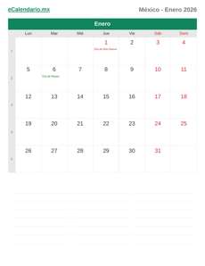 Calendario 2026 Enero