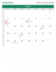 Calendario 2026 Febrero