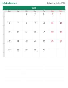 Calendario 2026 Julio