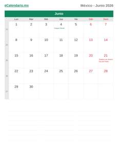 Calendario 2026 Junio