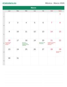 Calendario 2026 Marzo