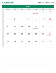 Calendario 2026 Mayo