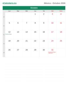 Calendario 2026 Octubre