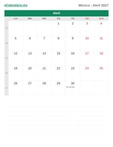 Calendario 2027 Abril