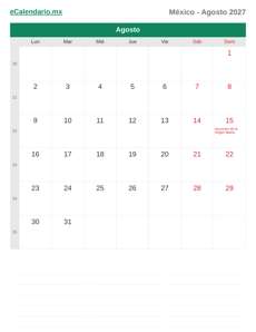 Calendario 2027 Agosto