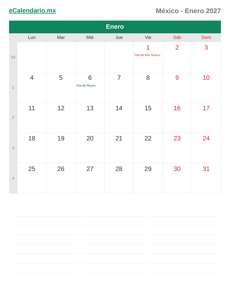 Calendario 2027 Enero