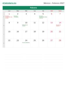 Calendario 2027 Febrero