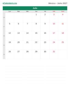 Calendario 2027 Julio