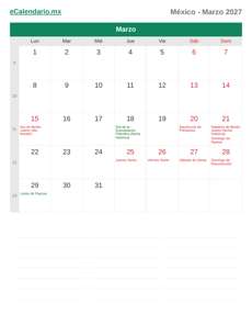 Calendario 2027 Marzo