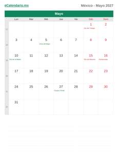 Calendario 2027 Mayo
