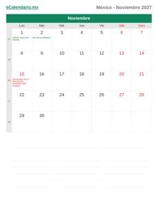 Calendario 2027 Noviembre