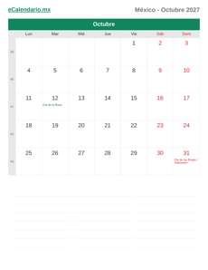 Calendario 2027 Octubre