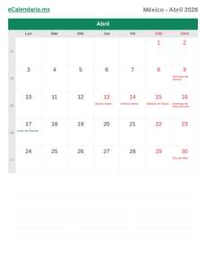 Calendario 2028 Abril