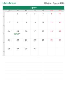 Calendario 2028 Agosto