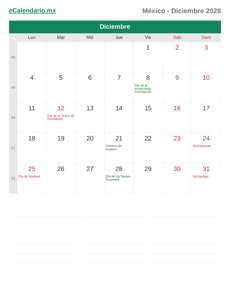 Calendario 2028 Diciembre