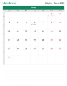 Calendario 2028 Enero
