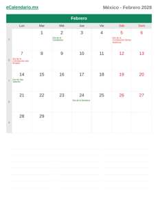 Calendario 2028 Febrero