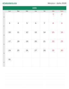 Calendario 2028 Julio