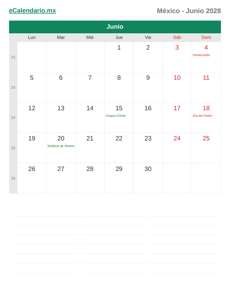 Calendario 2028 Junio