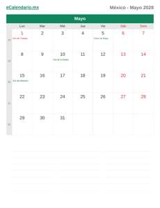 Calendario 2028 Mayo