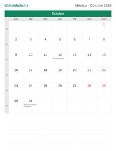Calendario 2028 Octubre