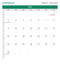 Calendario 2029 Abril