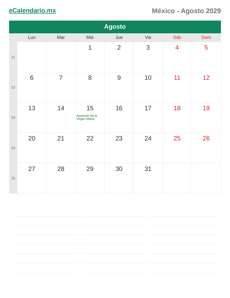 Calendario 2029 Agosto
