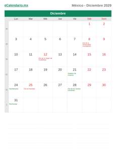 Calendario 2029 Diciembre
