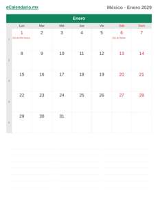 Calendario 2029 Enero