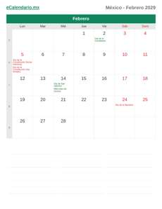 Calendario 2029 Febrero