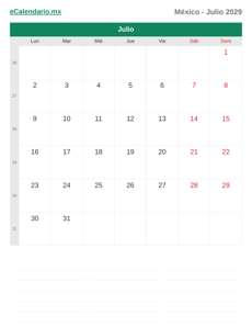 Calendario 2029 Julio