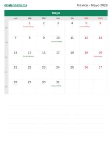 Calendario 2029 Mayo